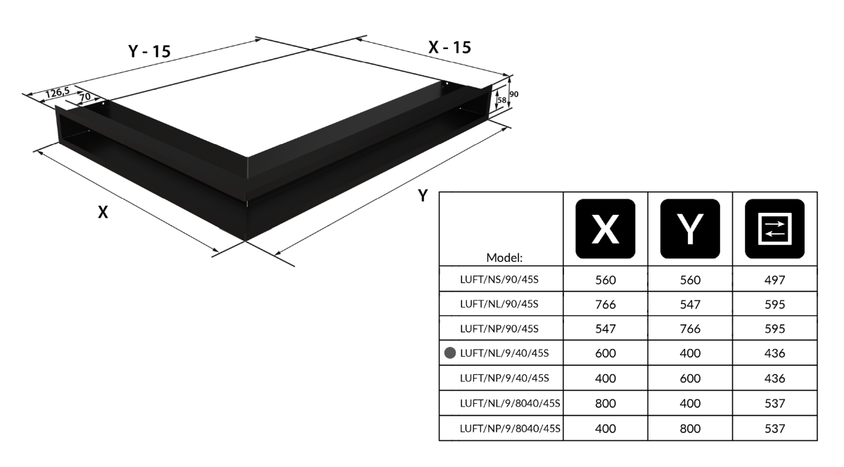 Вентиляционная решетка luft угловая левая белая ( 600x400x90) LUFT/NL/9/40/45/B