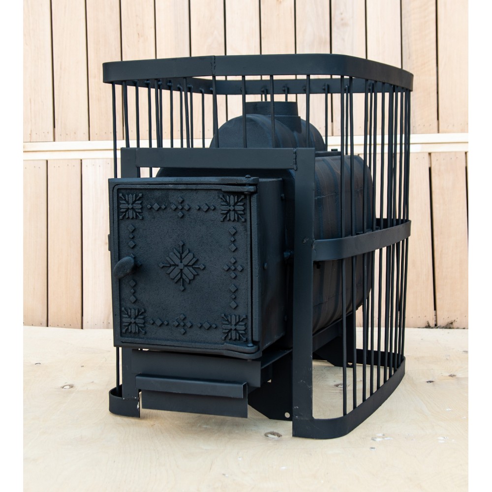 Чугунная банная печь ComfortProm до 26 м³ с выносной топкой и чугунной дверью