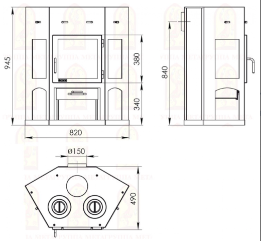 Печь-камин Метабел АОТ 11.0 (в модификации "Енисей, с плитой")